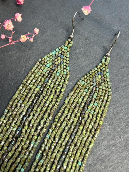 Long handmade green beaded earrings with fringe. Boho statement jewelry in natural shades, unique accessory for minimalist and artistic style image 3