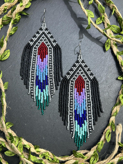 Handmade long black beaded earrings with silver, red, purple and green accents in Native American style. Bright statement boho fringe earrings, perfect gift for women image 8