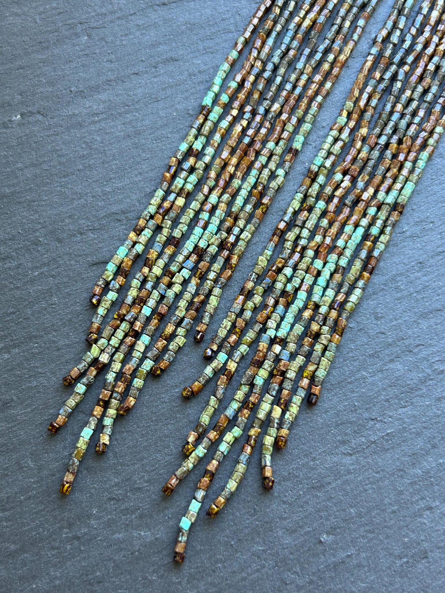 Handmade long green and turquoise beaded boho earrings with flowing fringe image 6