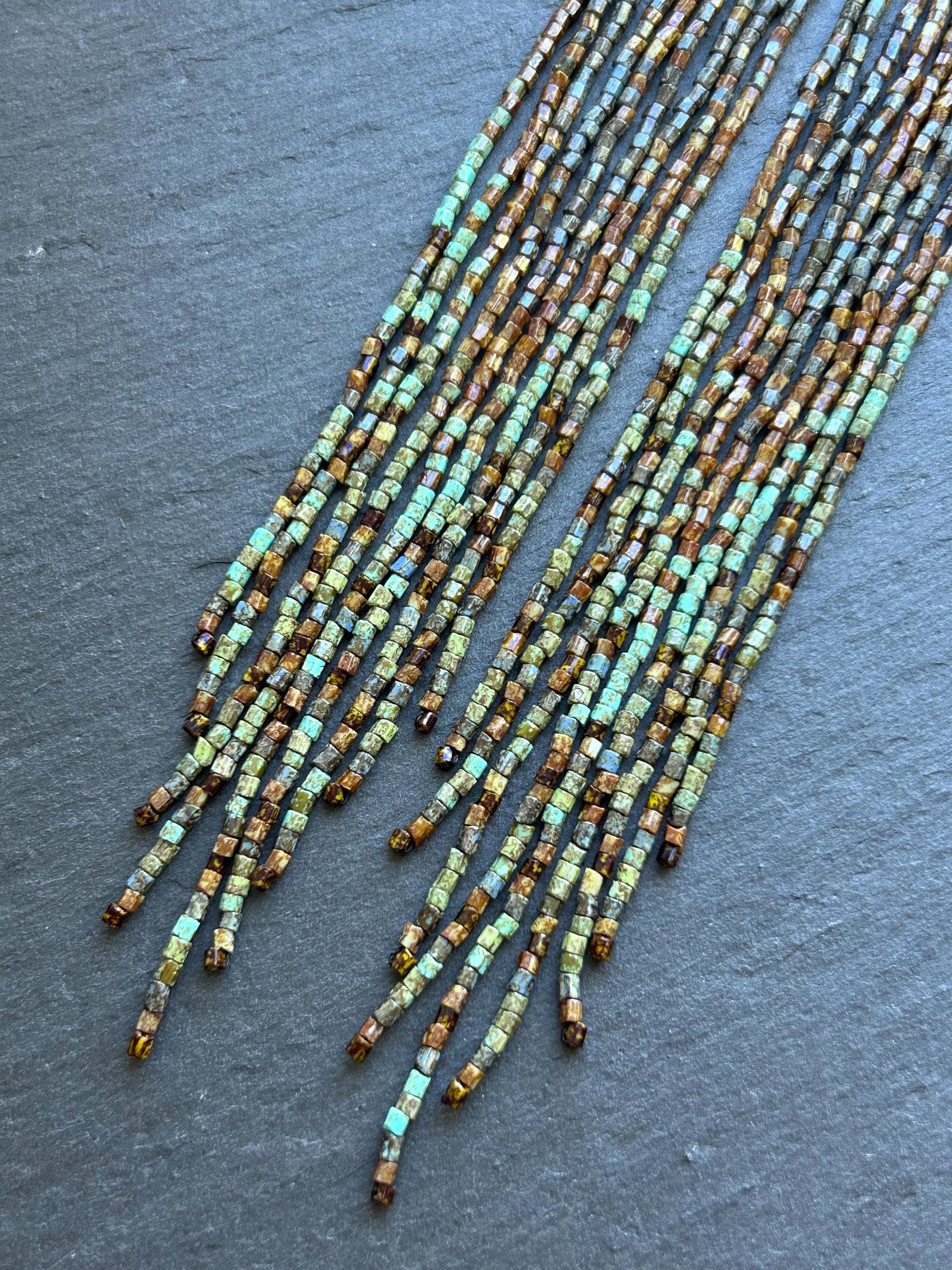 Handmade long green and turquoise beaded boho earrings with flowing fringe image 6