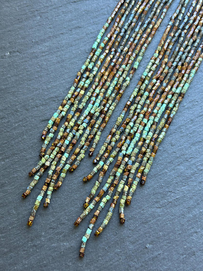 Handmade long green and turquoise beaded boho earrings with flowing fringe image 6