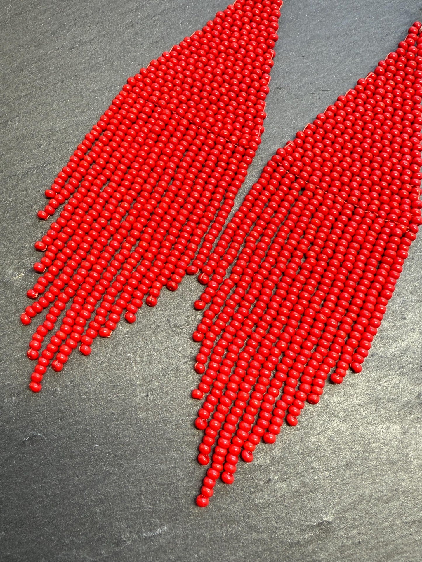 Unique handmade long red beaded dangle earrings with fringe in bright boho style. Modern statement jewelry for women, perfect gift for her imade 5