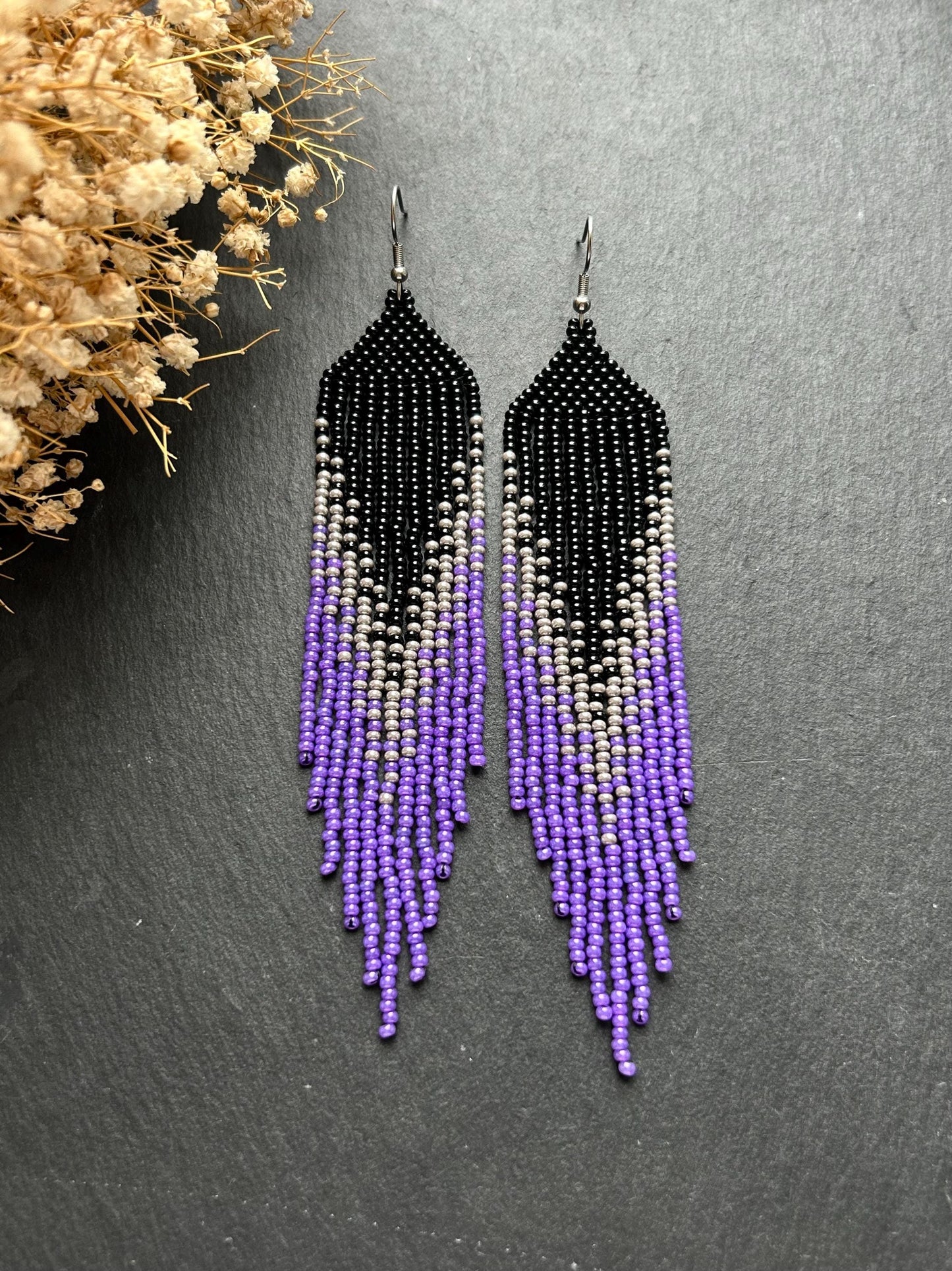 Long handmade black earrings with purple ombre and flowing fringe. Unique boho statement jewelry with elegant design, perfect gift for handmade jewelry lovers image 2