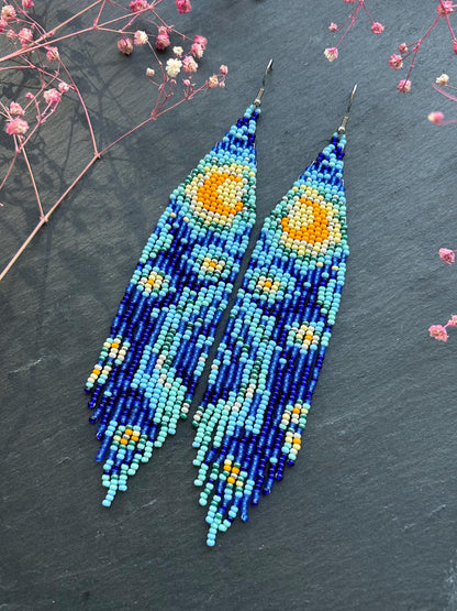Long handmade “Starry Night” earrings with blue, yellow, and turquoise beads. Unique Boho statement jewelry inspired by Van Gogh, perfect for creative and artistic style image 10