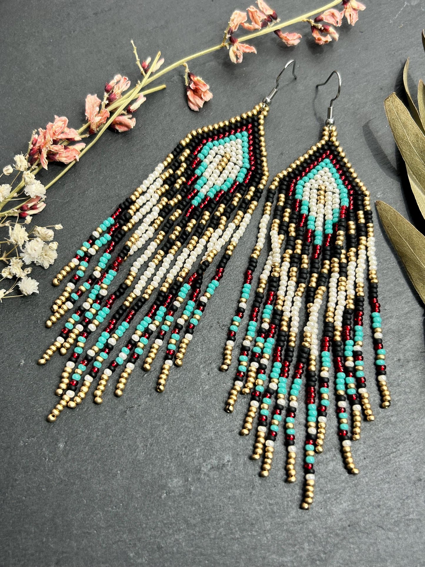Long Native style beaded earrings with fringe in black, copper, turquoise and red. Handmade ethnic boho jewelry that adds movement and unique style image 8
