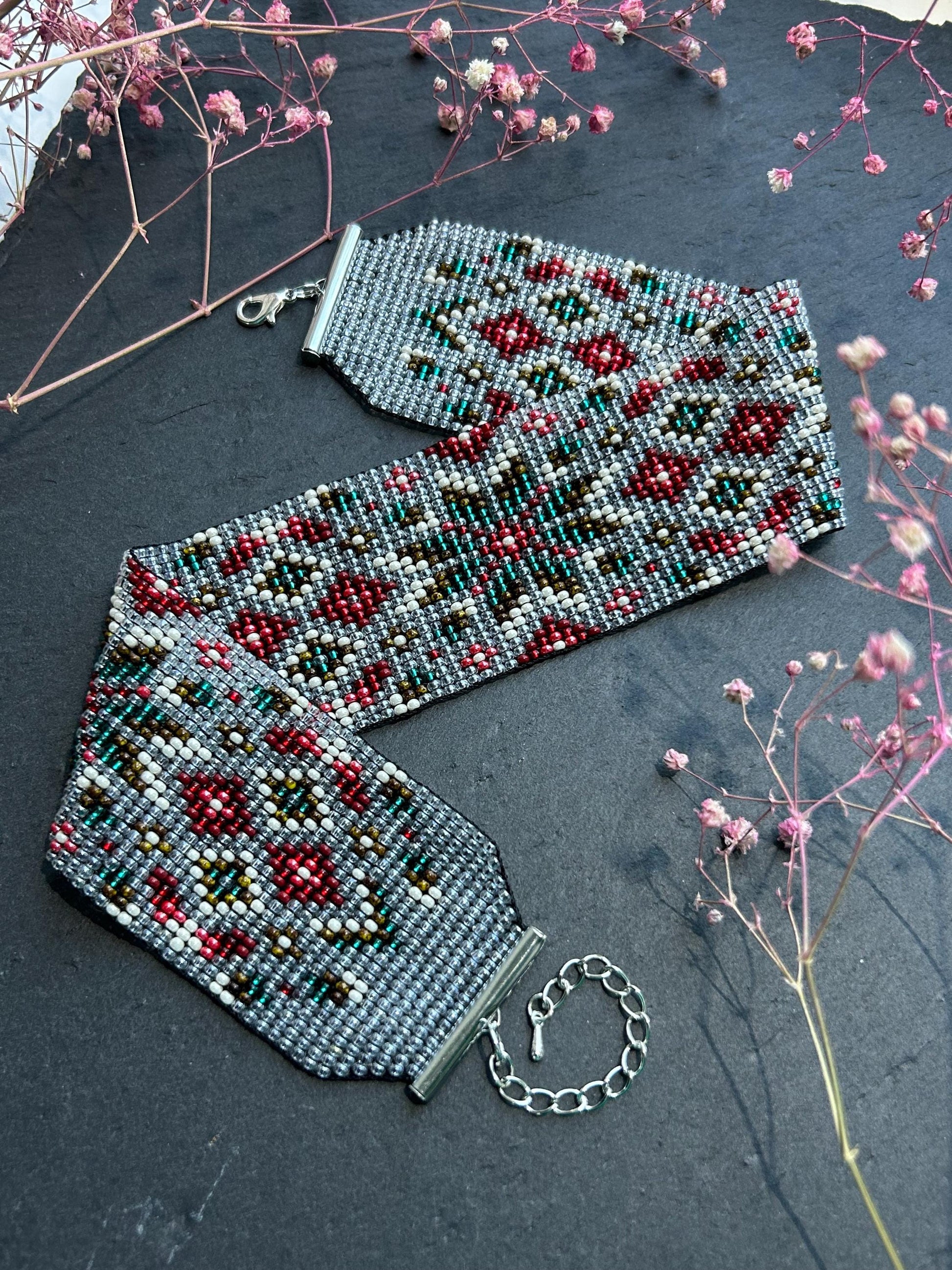 Unique handmade beaded choker necklace with green star and red details. Boho ethnic statement choker, perfect for festival, party, or everyday bohemian style  image 8