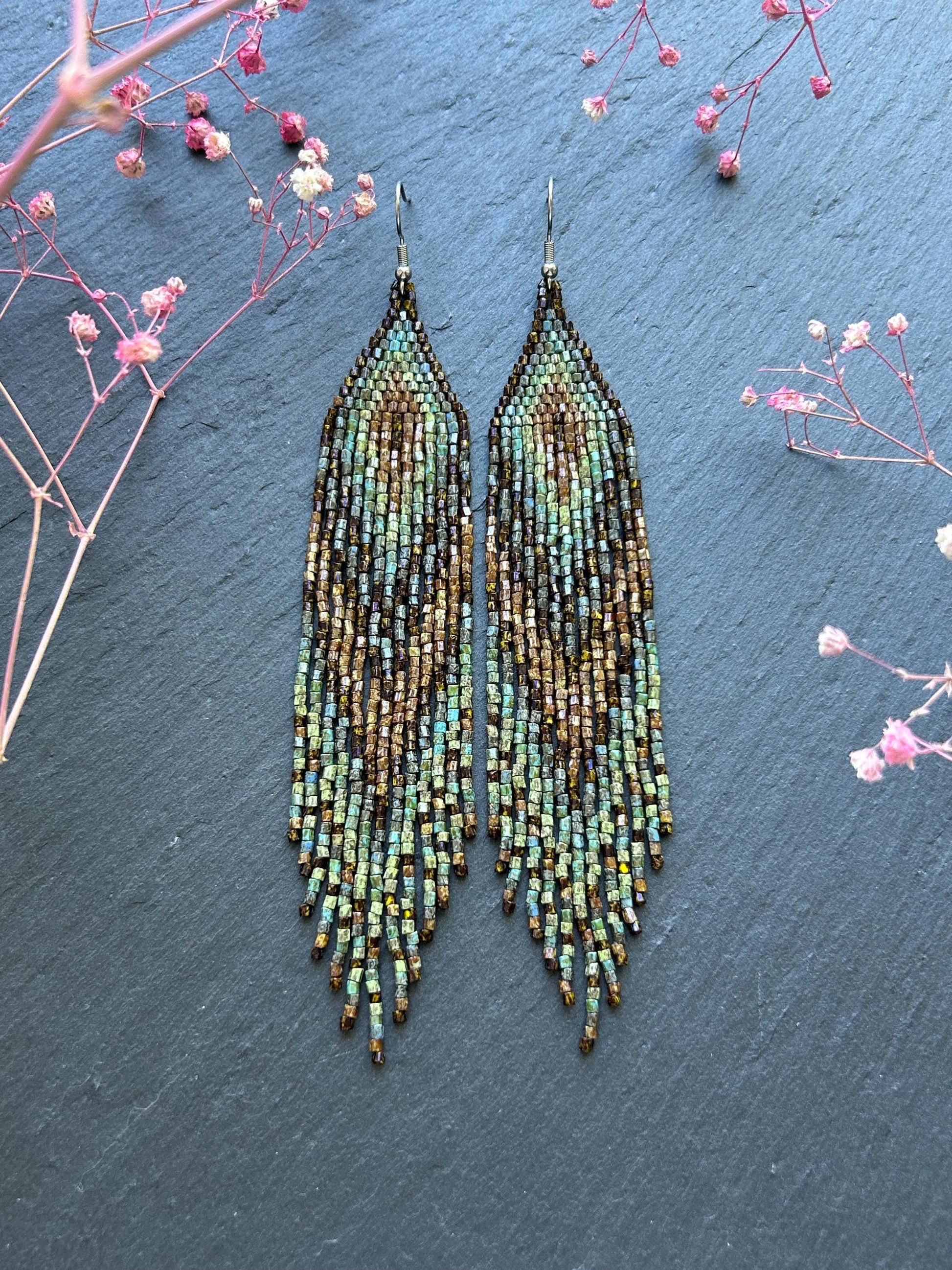 Handmade long beaded earrings in turquoise, green, and brown with fringe. Native American boho statement jewelry, unique artisanal accessory and perfect gift image 1