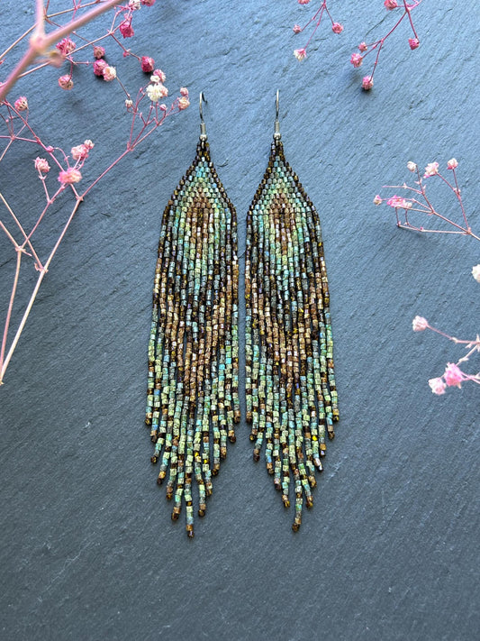Handmade long beaded earrings in turquoise, green, and brown with fringe. Native American boho statement jewelry, unique artisanal accessory and perfect gift image 1