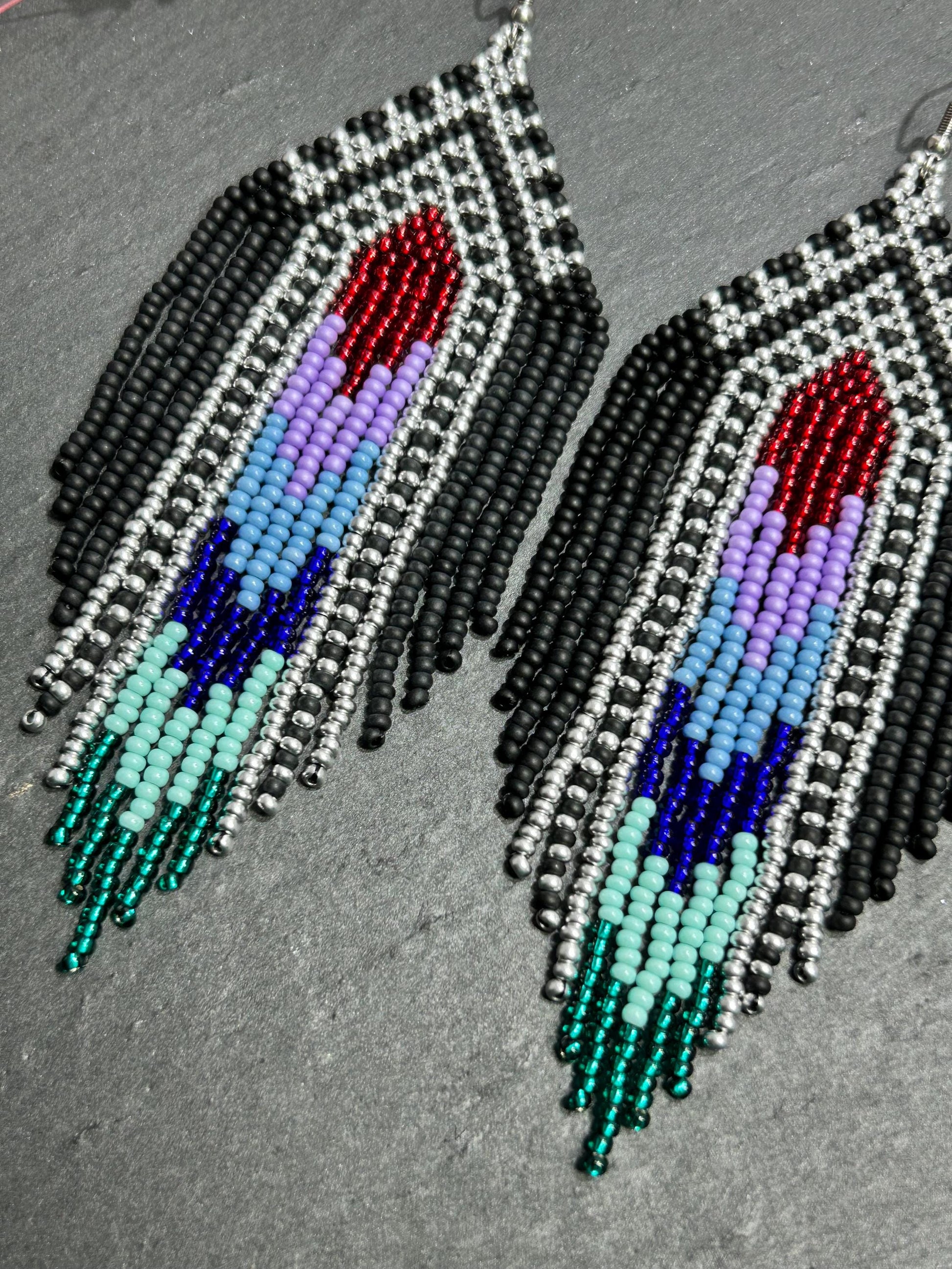 Handmade long black beaded earrings with silver, red, purple and green accents in Native American style. Bright statement boho fringe earrings, perfect gift for women image 4