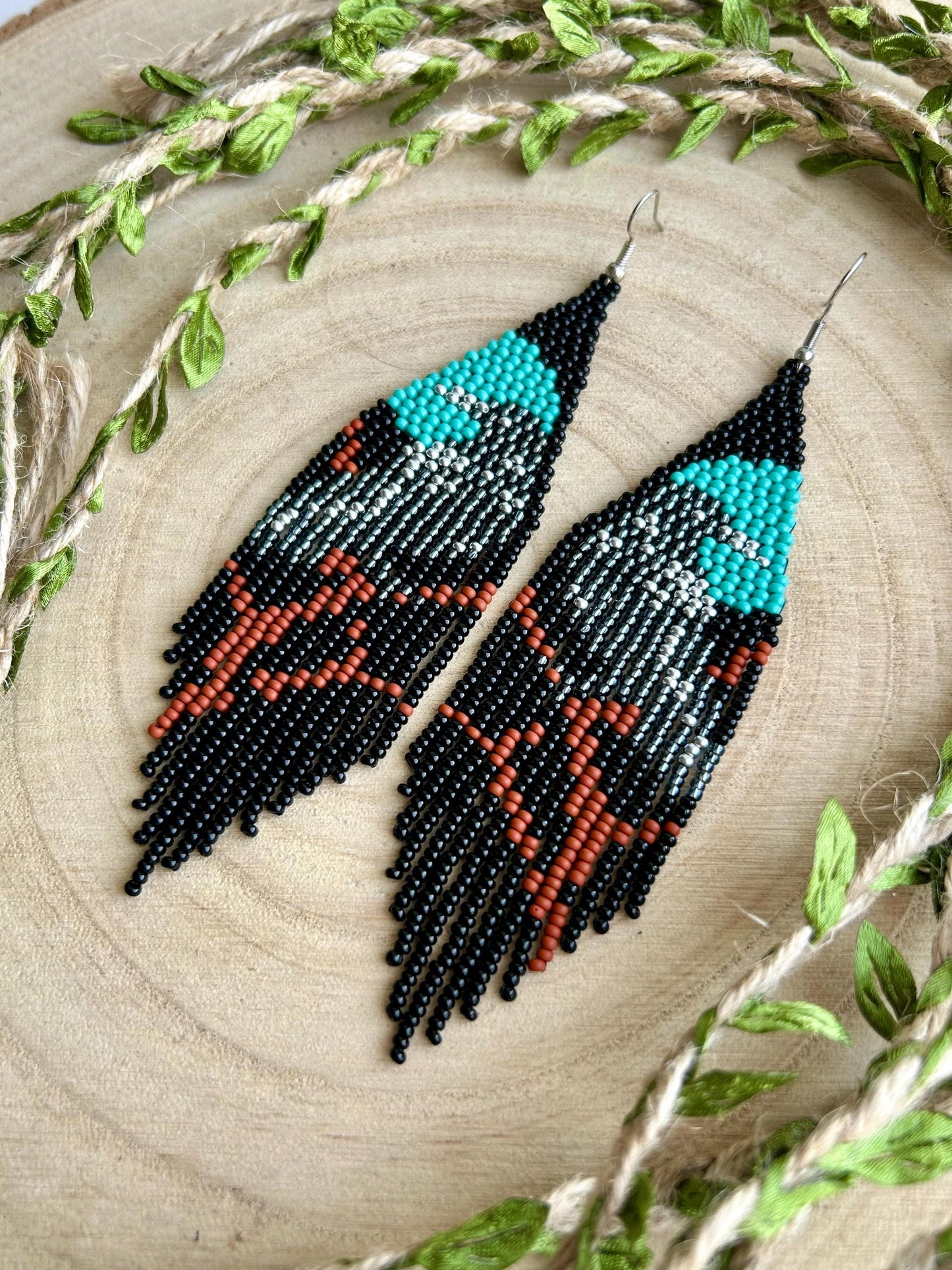 Long black beaded fringe earrings featuring gray raven and moon, handmade boho jewelry, perfect unique statement accessory image 10
