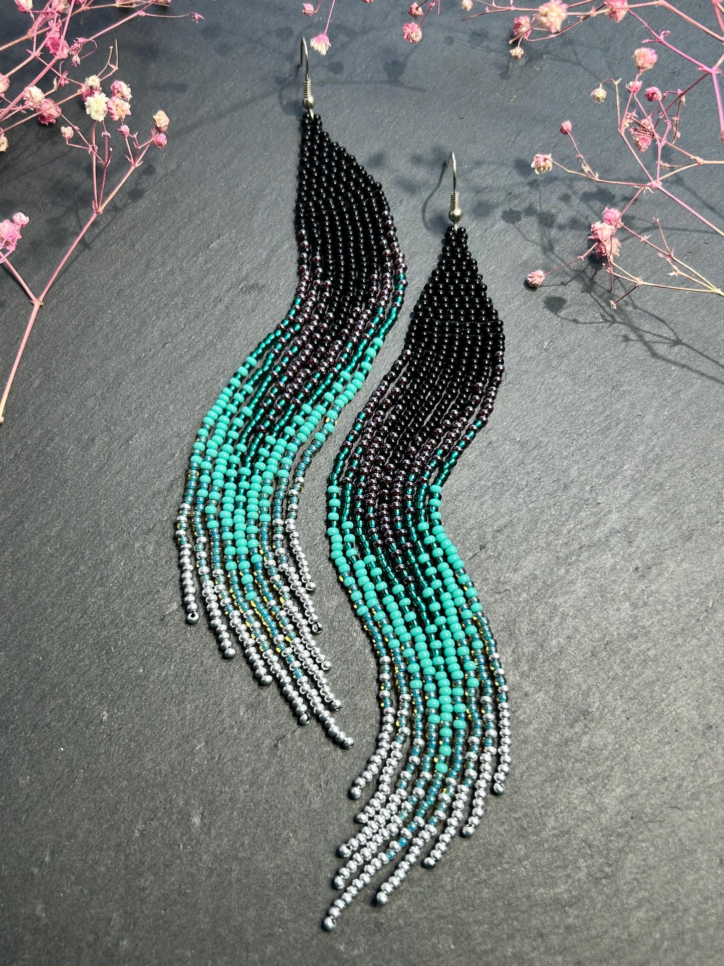 Handmade long black and green beaded fringe earrings with ombre design. Boho statement jewelry, lightweight and stylish image 7