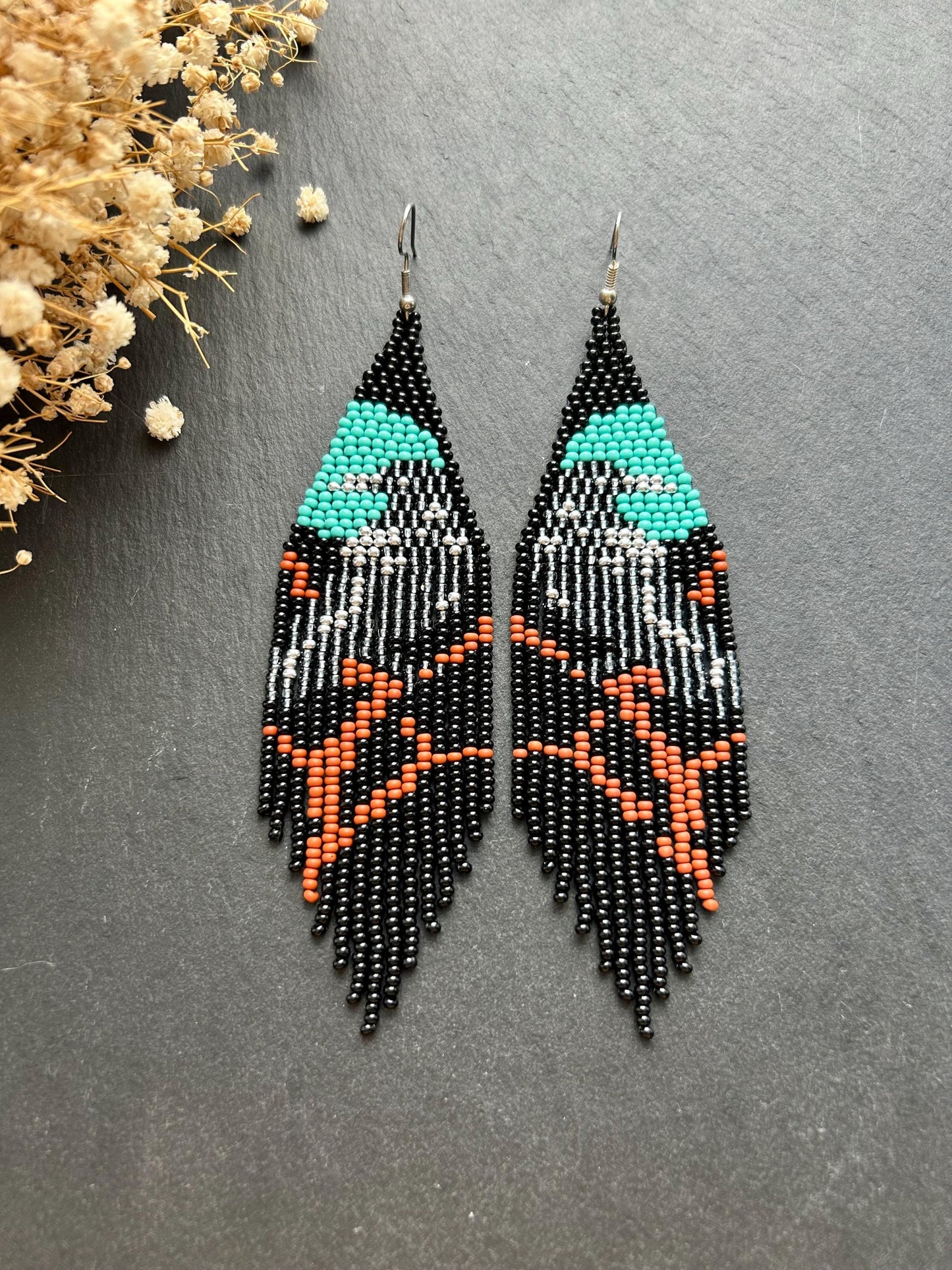 Long black beaded fringe earrings featuring gray raven and moon, handmade boho jewelry, perfect unique statement accessory image 1