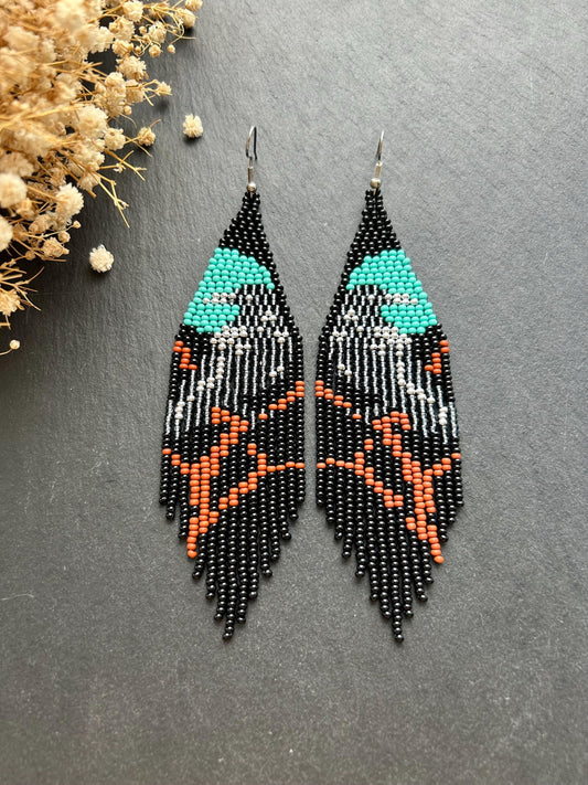 Long black beaded fringe earrings featuring gray raven and moon, handmade boho jewelry, perfect unique statement accessory image 1
