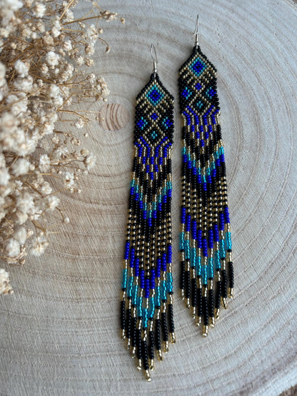 Handmade long black, blue, and gold beaded earrings with Native American ethnic design and fringe. Unique statement boho earrings for women image 10