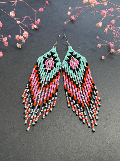 Handmade long beaded boho earrings in turquoise, black, silver, pink, and orange. Geometric design with elegant fringe, lightweight statement jewelry for any occasion  image 8