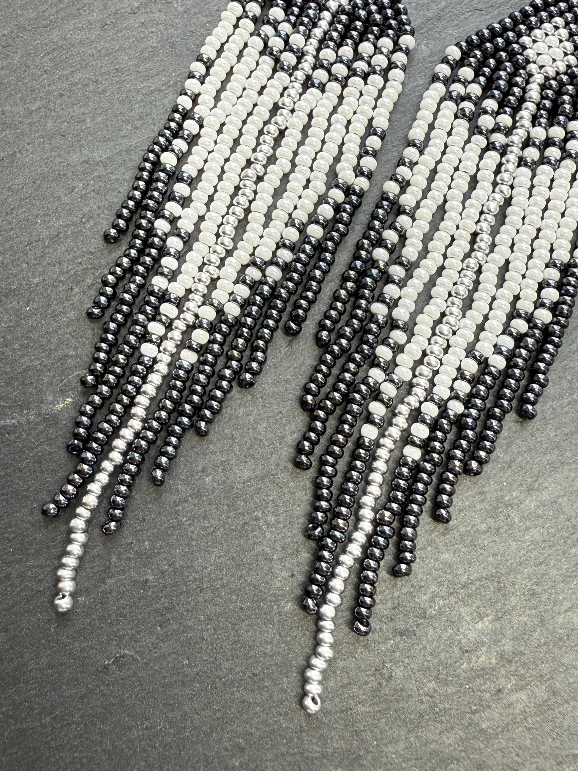 Handmade long black and white beaded fringe earrings in Native American boho style. Statement earrings for women, unique beadwork ethnic design image 4
