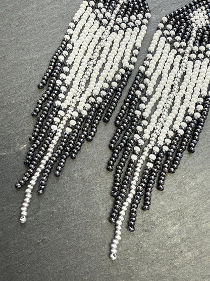 Handmade long black and white beaded fringe earrings in Native American boho style. Statement earrings for women, unique beadwork ethnic design image 4
