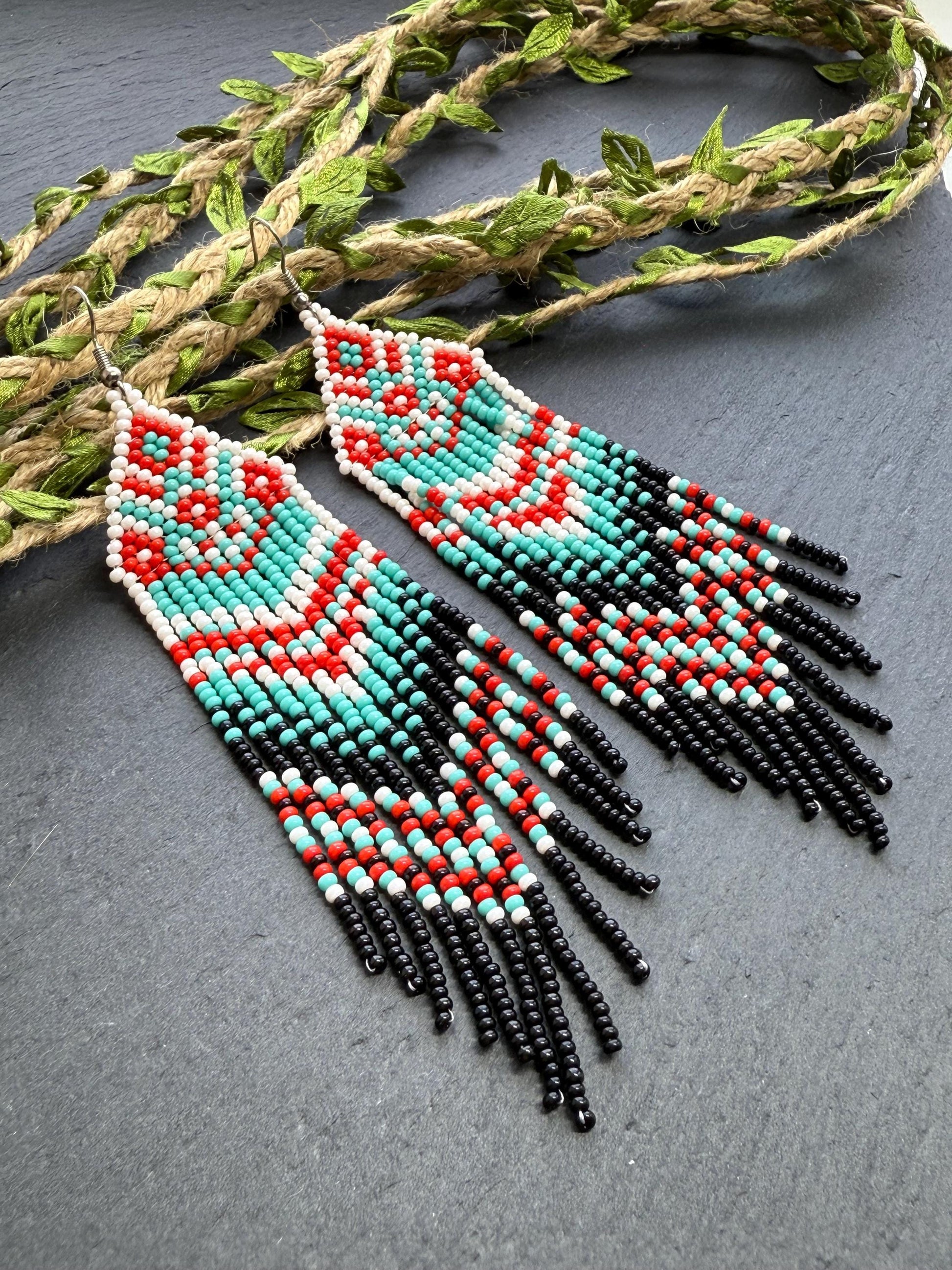 Handmade long bright beaded fringe earrings in red, black and turquoise. Native American motif, boho statement dangle earrings for women, unique gift for her image 1
