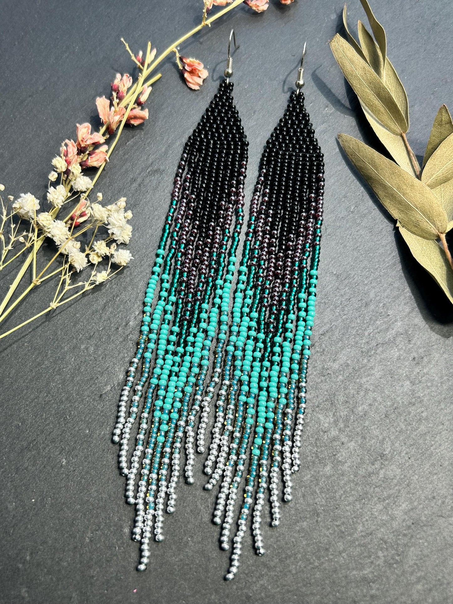 Handmade long black and green beaded fringe earrings with ombre design. Boho statement jewelry, lightweight and stylish image 8