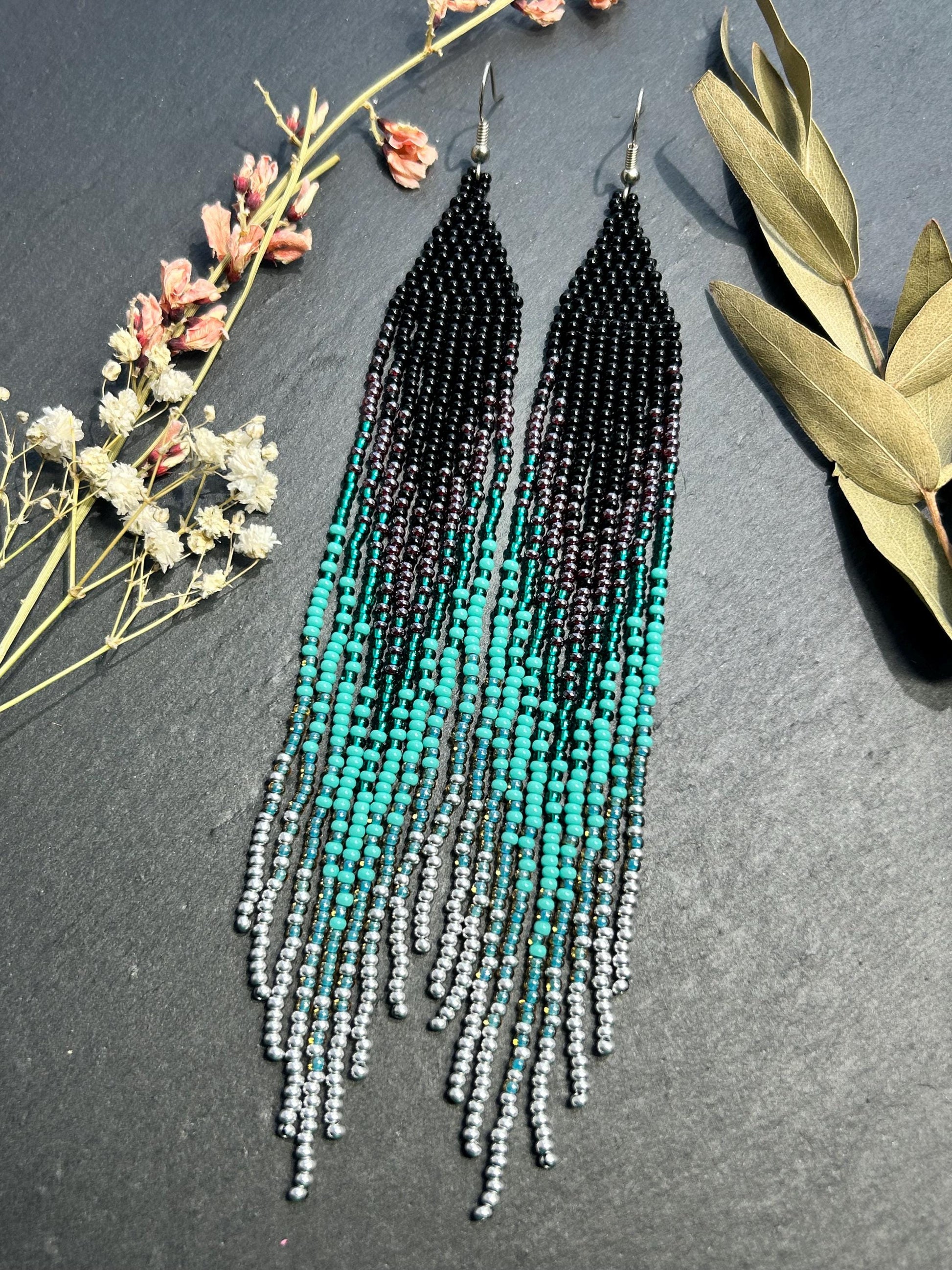 Handmade long black and green beaded fringe earrings with ombre design. Boho statement jewelry, lightweight and stylish image 8