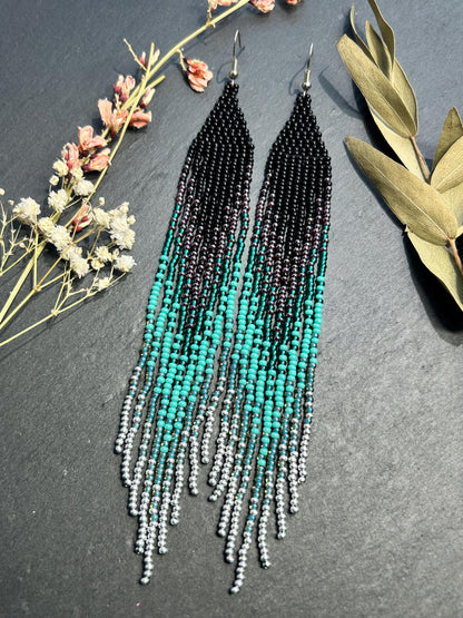 Handmade long black and green beaded fringe earrings with ombre design. Boho statement jewelry, lightweight and stylish image 8