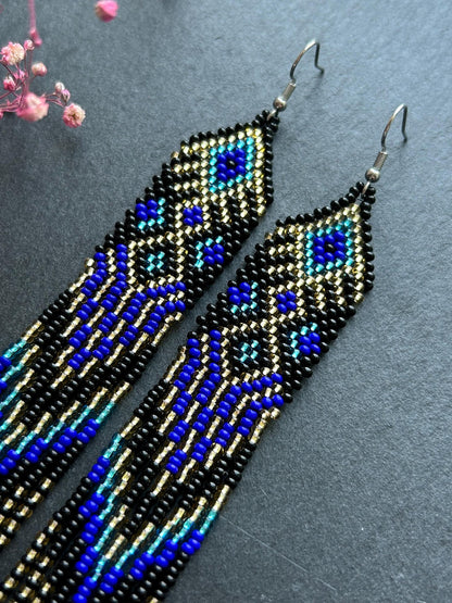 Handmade long black, blue, and gold beaded earrings with Native American ethnic design and fringe. Unique statement boho earrings for women image 4