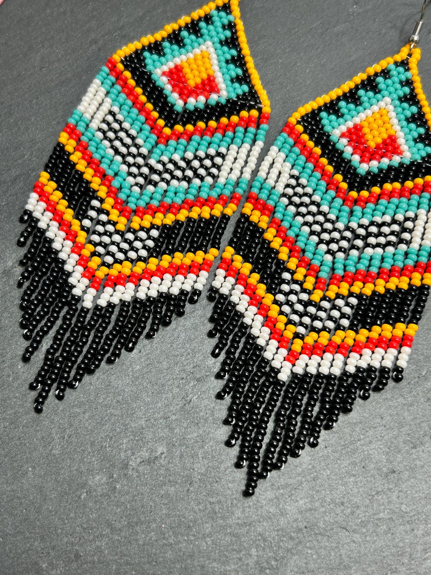 Bright handmade beaded fringe earrings in black, white, turquoise, red and orange with Native American motif. Statement boho earrings for women, perfect gift image 5