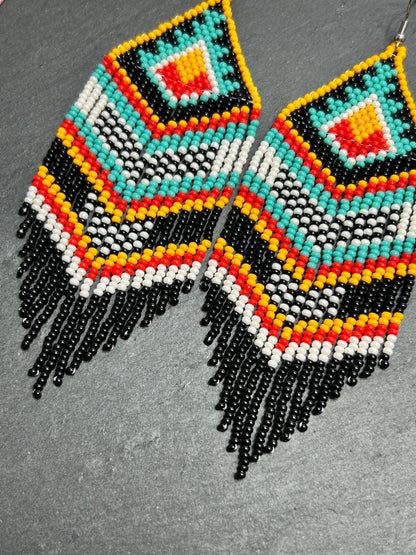 Bright handmade beaded fringe earrings in black, white, turquoise, red and orange with Native American motif. Statement boho earrings for women, perfect gift image 5