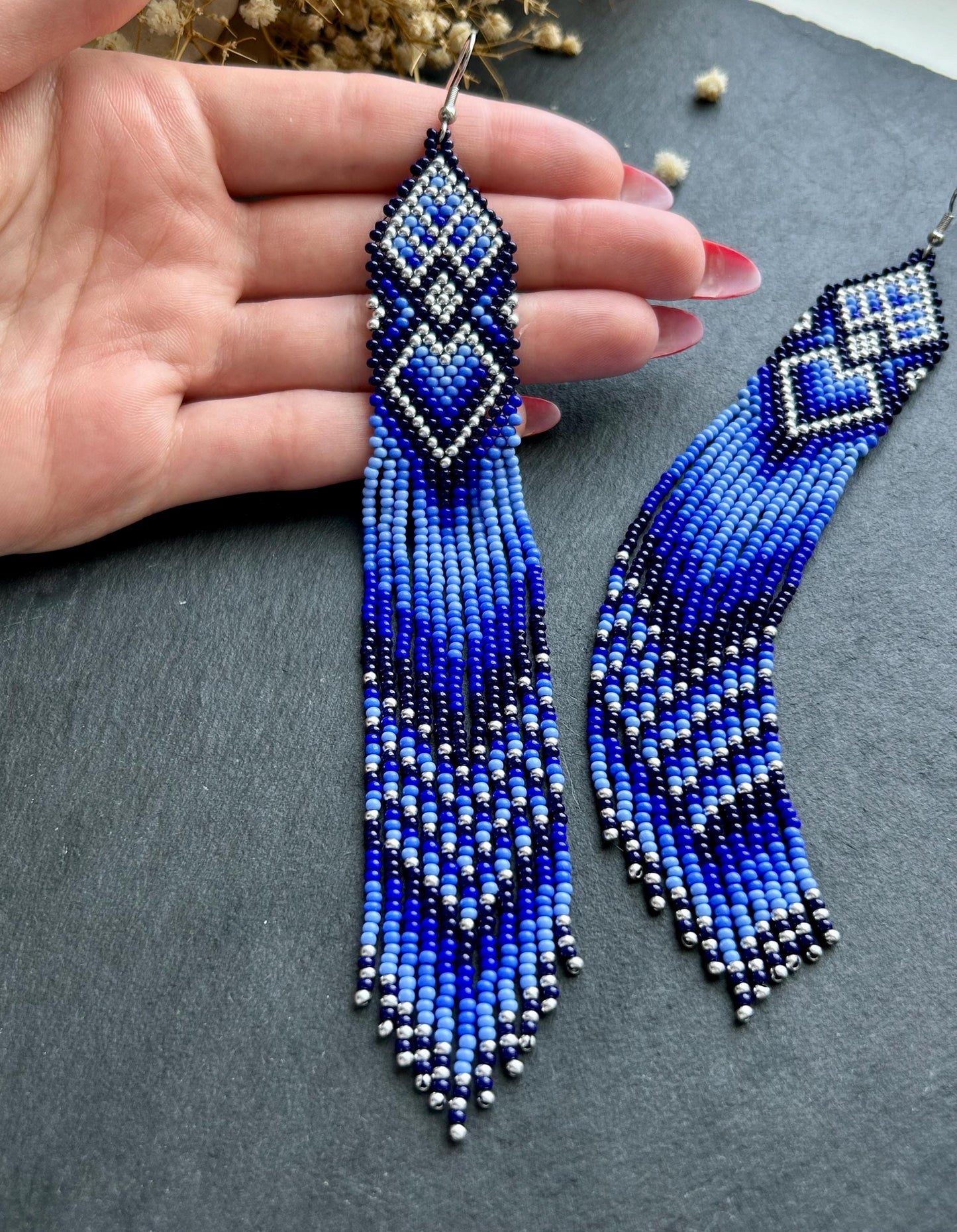 Handmade long blue beaded boho earrings with fringe and silver accents. Native style statement jewelry, unique artisanal accessory for bold style image 5