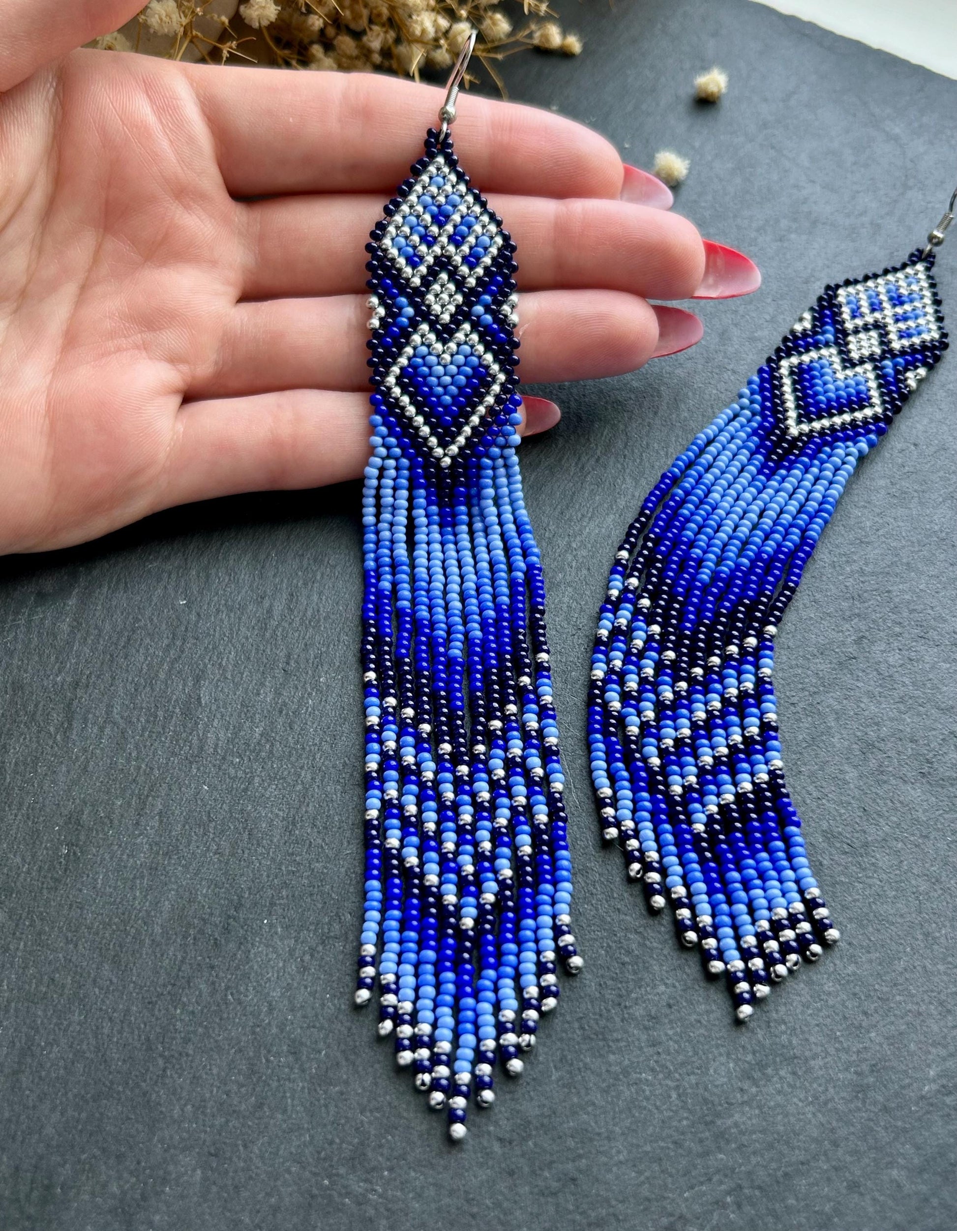 Handmade long blue beaded boho earrings with fringe and silver accents. Native style statement jewelry, unique artisanal accessory for bold style image 5