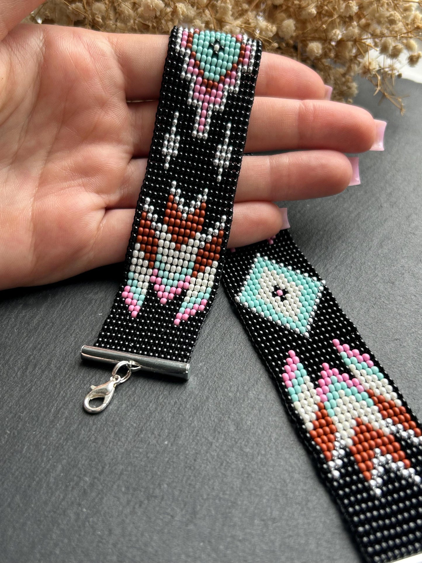 Unique handmade black beaded choker with geometric ornament in turquoise, pink, beige, and silver tones. Native American style boho statement choker necklace with adjustable chain image 7