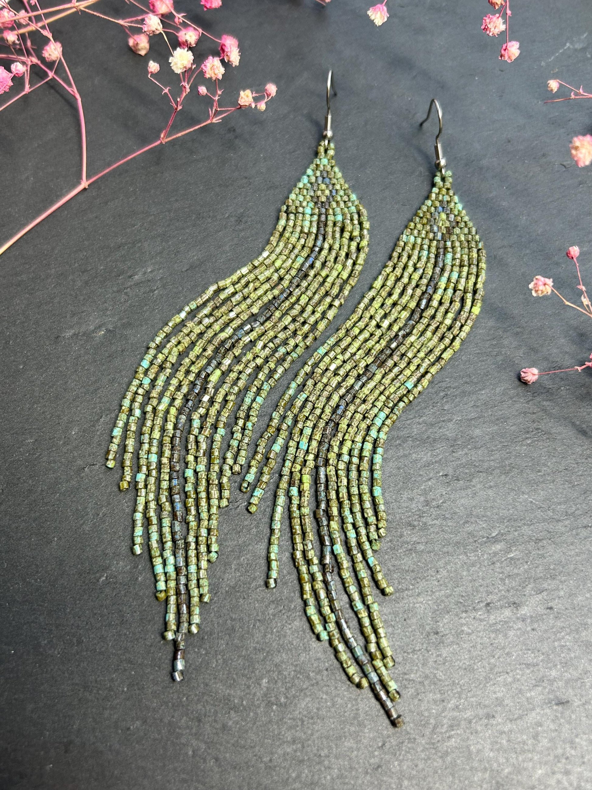 Long handmade green beaded earrings with fringe. Boho statement jewelry in natural shades, unique accessory for minimalist and artistic style image 7