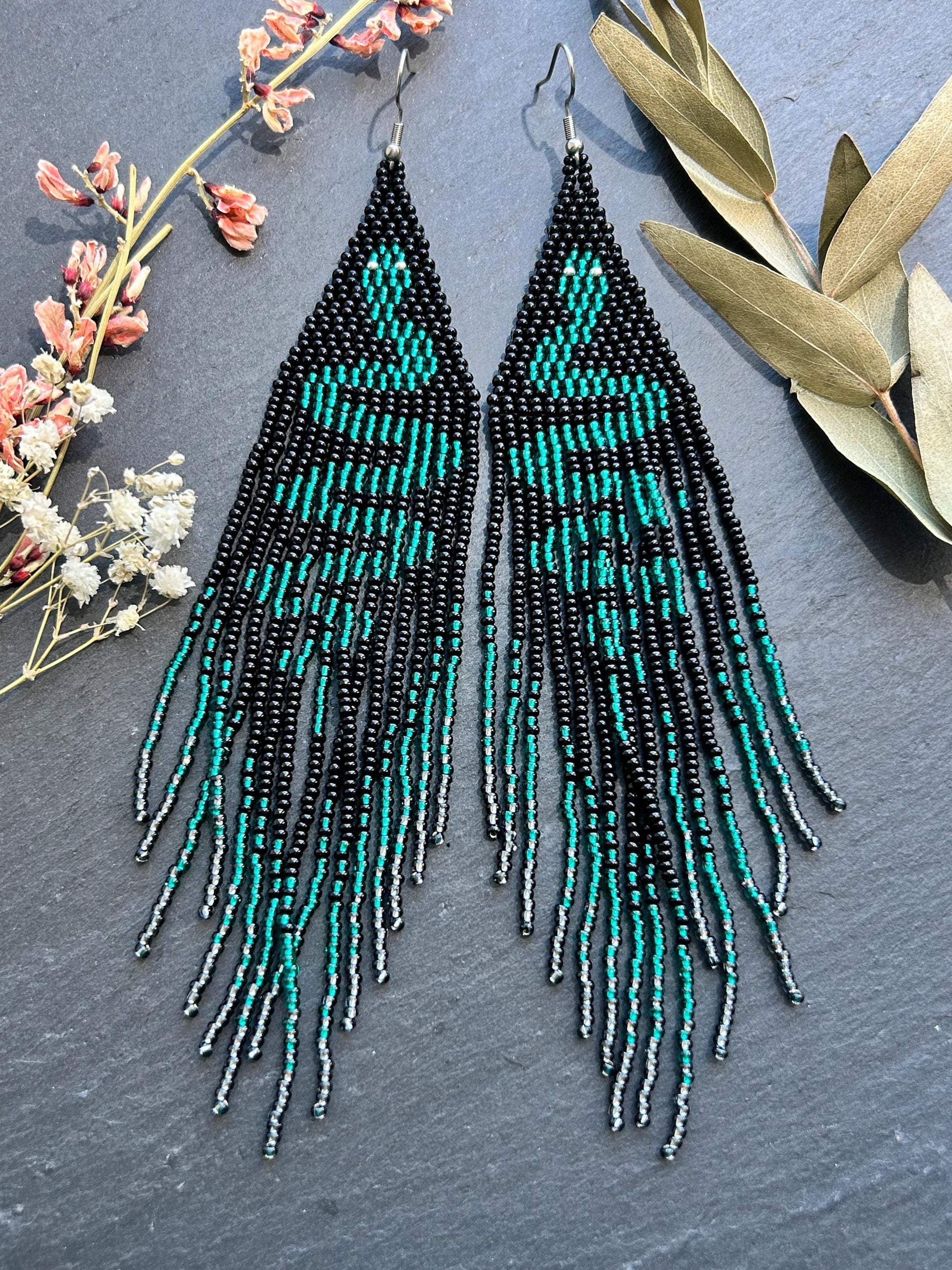 Handmade long beaded earrings with green snake design in boho style. Unique statement jewelry with fringe, perfect gift and standout accessory for any look image 8