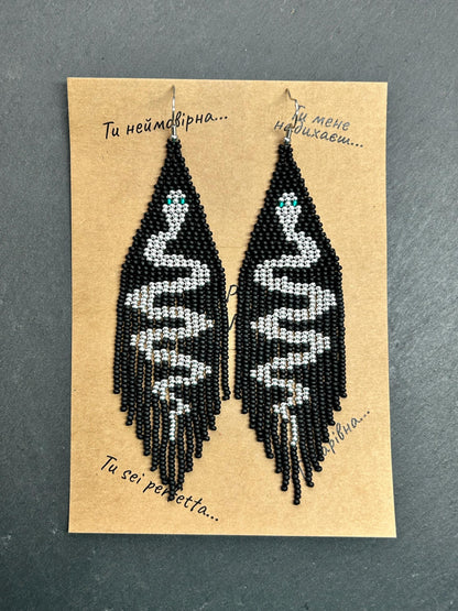 Handmade long black beaded earrings with silver snake design and boho fringe. Unique statement jewelry, elegant contrast, perfect gift for lovers of artisan style image 10