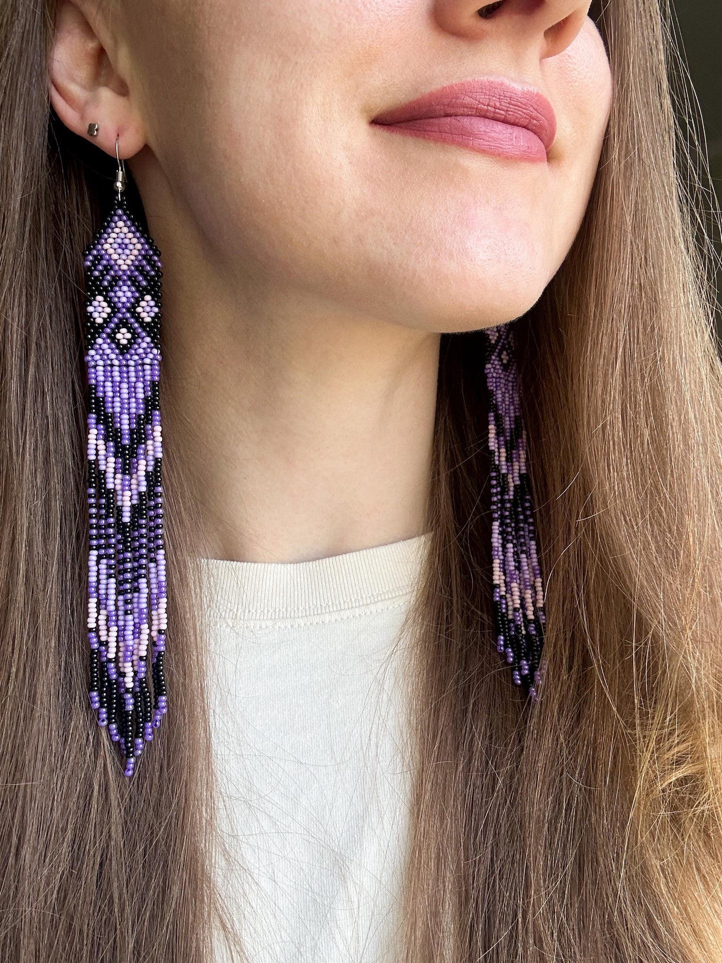 Handmade long black and purple native American beaded earrings with ethnic design and fringe. Cute statement earrings for women, unique gift for her image 1