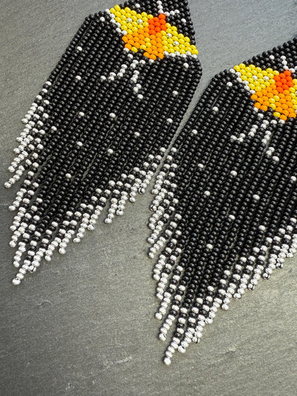 Handmade black and silver beaded butterfly earrings. Bright yellow butterfly, unique modern boho statement dangle earrings, jewelry gift for women image 5
