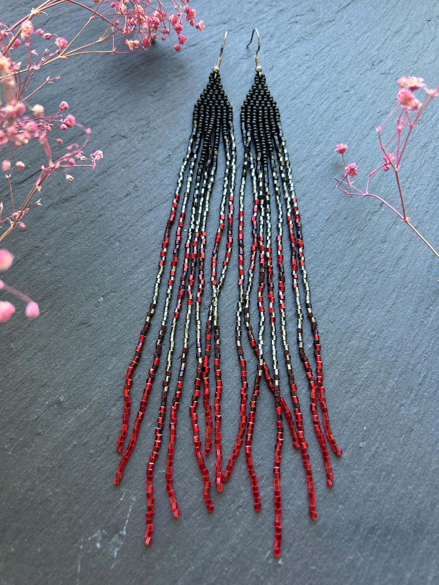 Handmade long beaded earrings in black, gray, and red ombre with flowing fringe. Boho statement jewelry, unique gift for lovers of artisan style image 9
