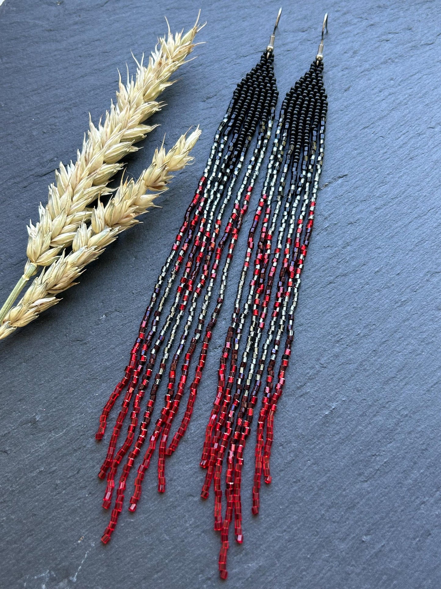 Handmade long beaded earrings in black, gray, and red ombre with flowing fringe. Boho statement jewelry, unique gift for lovers of artisan style image 10