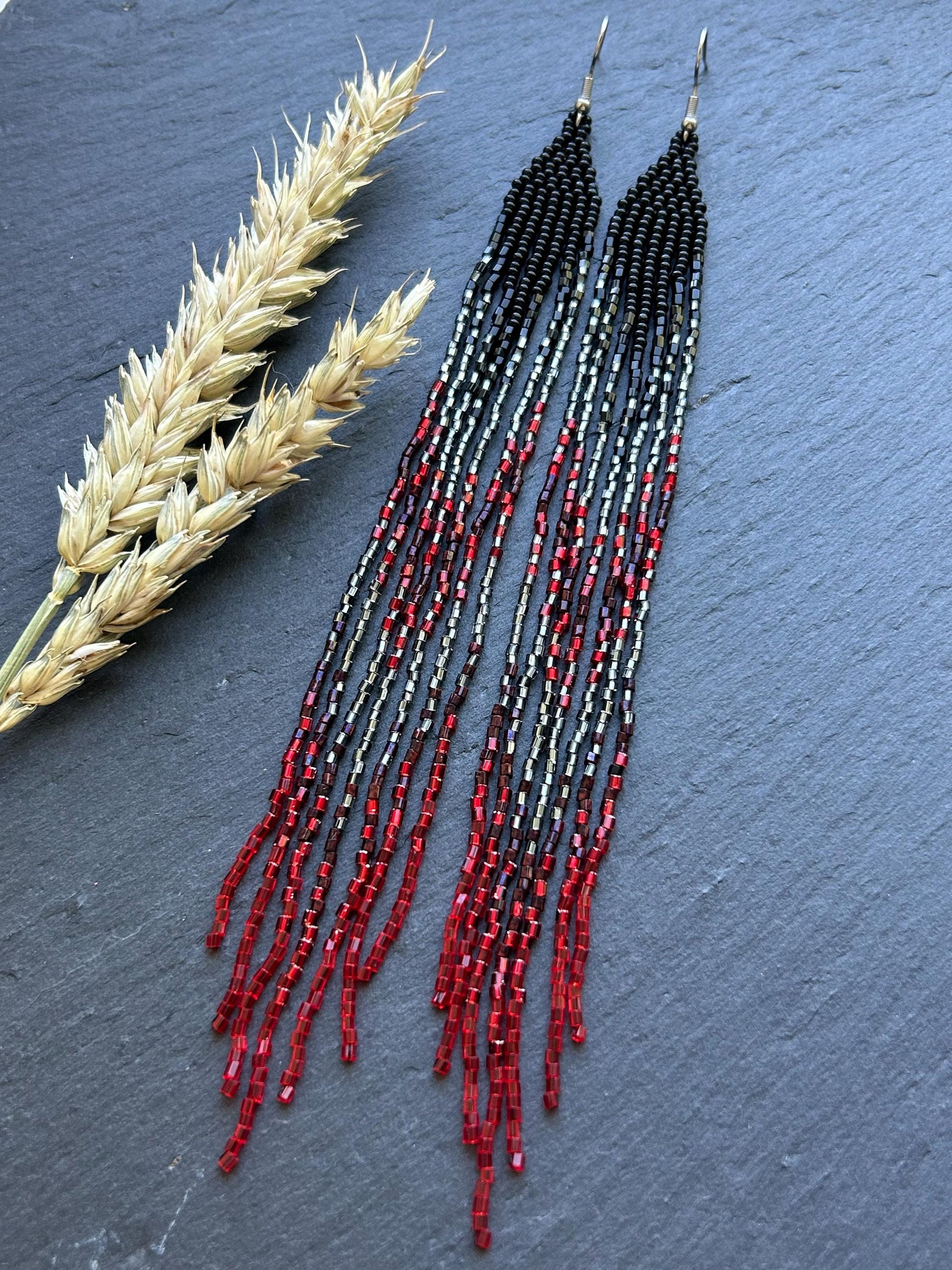 Handmade long beaded earrings in black, gray, and red ombre with flowing fringe. Boho statement jewelry, unique gift for lovers of artisan style image 10