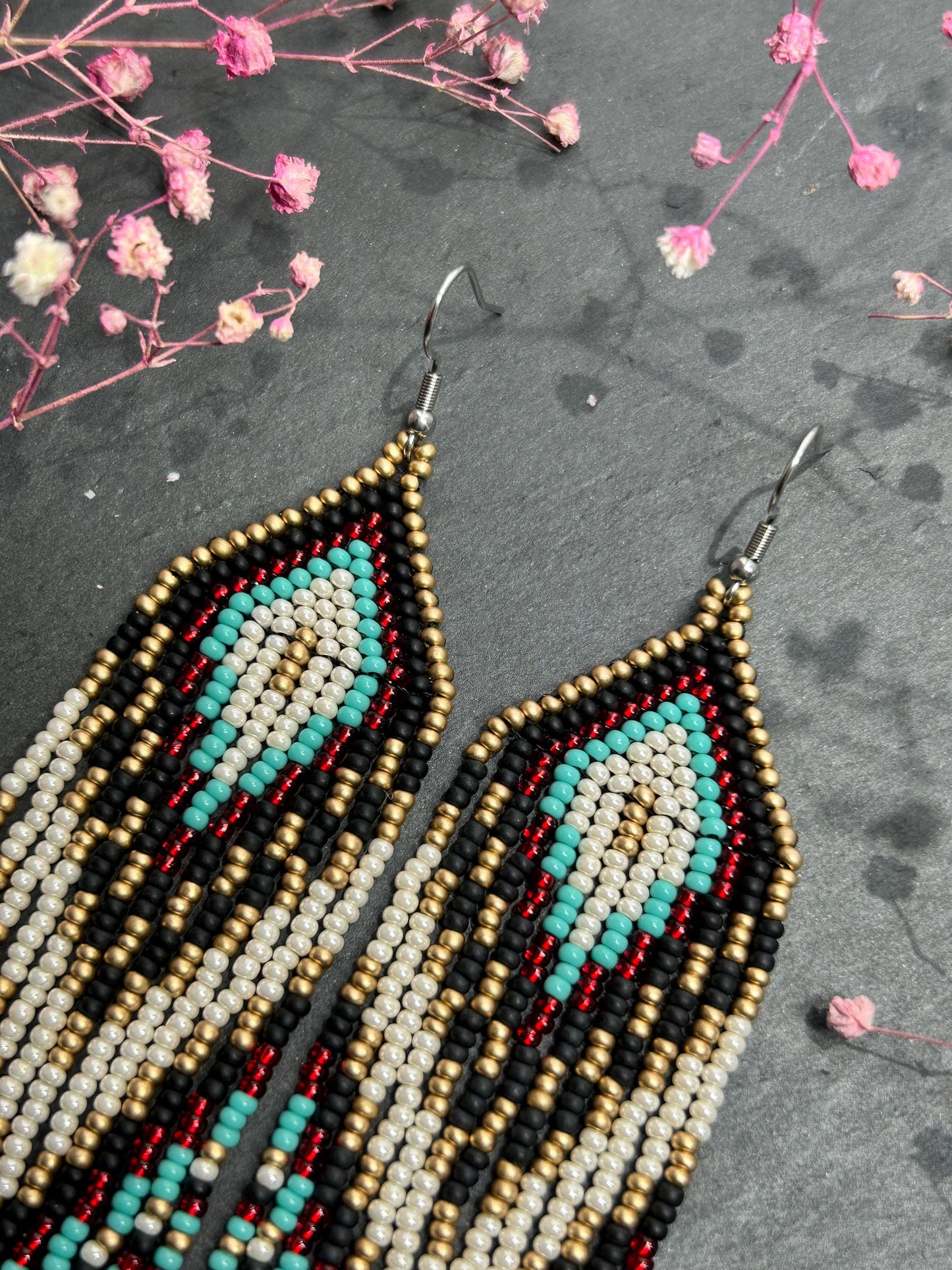 Long Native style beaded earrings with fringe in black, copper, turquoise and red. Handmade ethnic boho jewelry that adds movement and unique style image 4