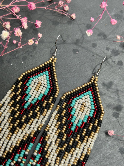 Long Native style beaded earrings with fringe in black, copper, turquoise and red. Handmade ethnic boho jewelry that adds movement and unique style image 4