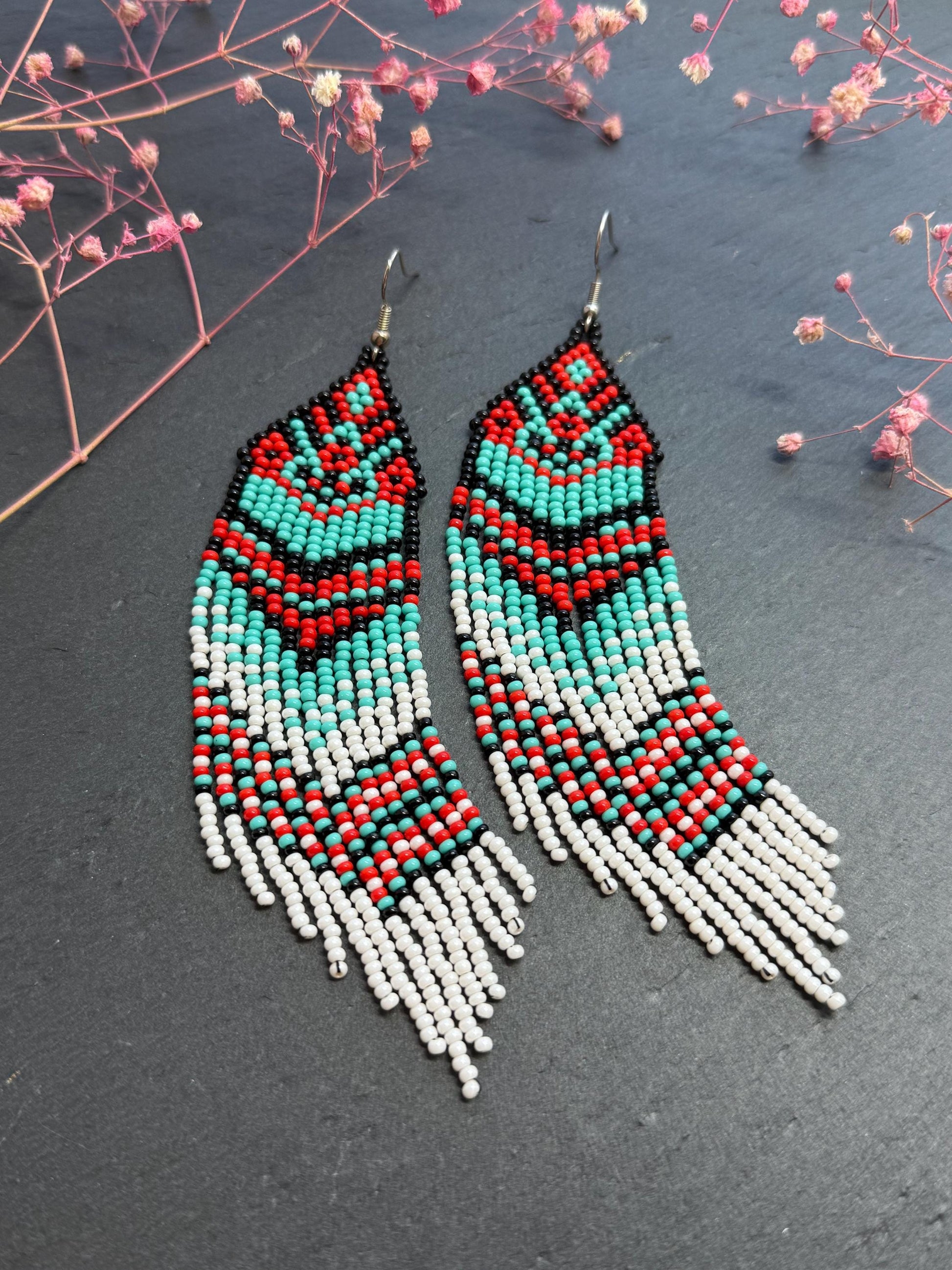 Handmade long beaded fringe earrings in red, black and turquoise with Native American motif. Boho statement dangle earrings for women, unique gift for her image 7