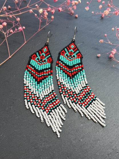 Handmade long beaded fringe earrings in red, black and turquoise with Native American motif. Boho statement dangle earrings for women, unique gift for her image 7