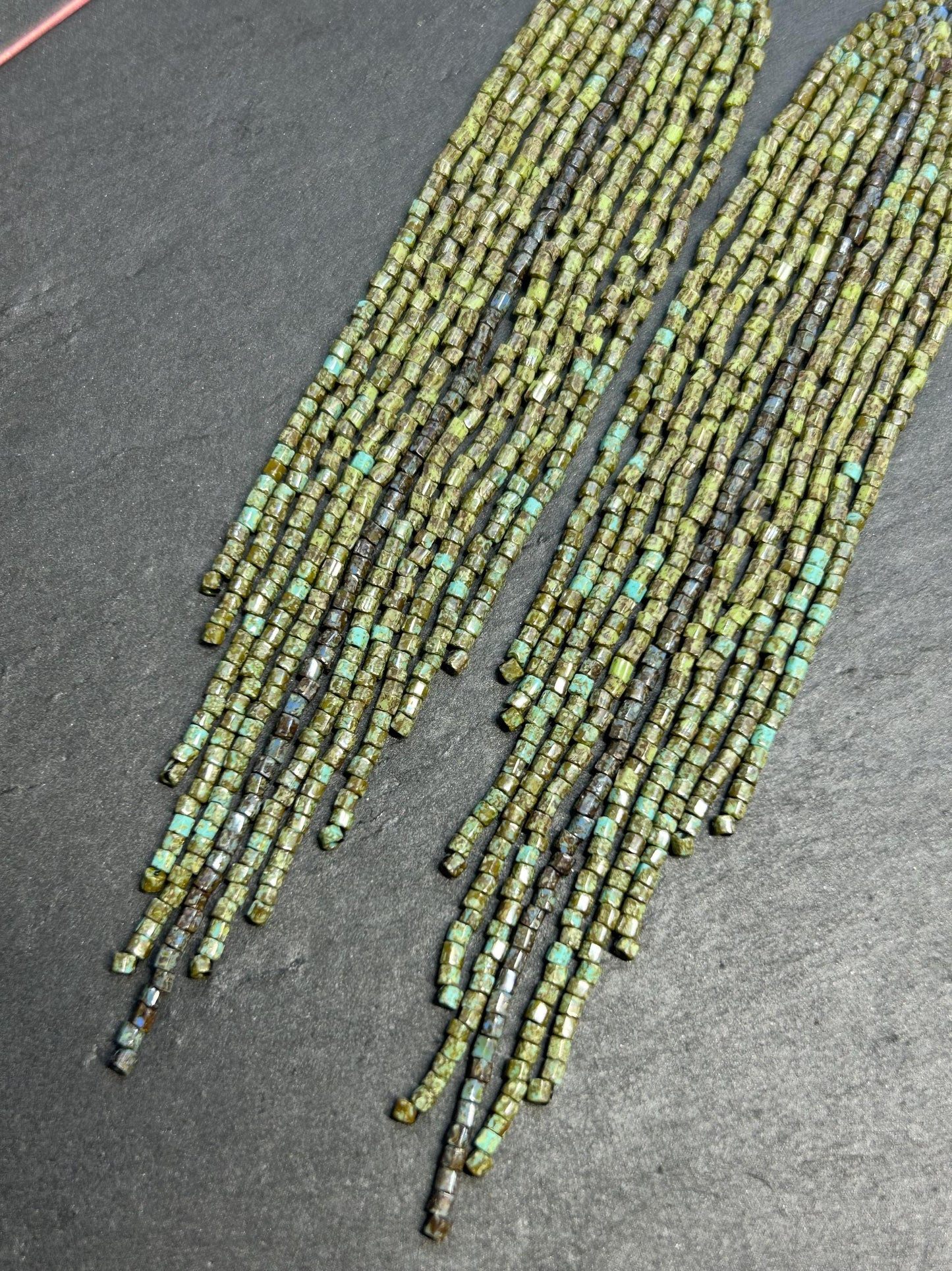 Long handmade green beaded earrings with fringe. Boho statement jewelry in natural shades, unique accessory for minimalist and artistic style image 4