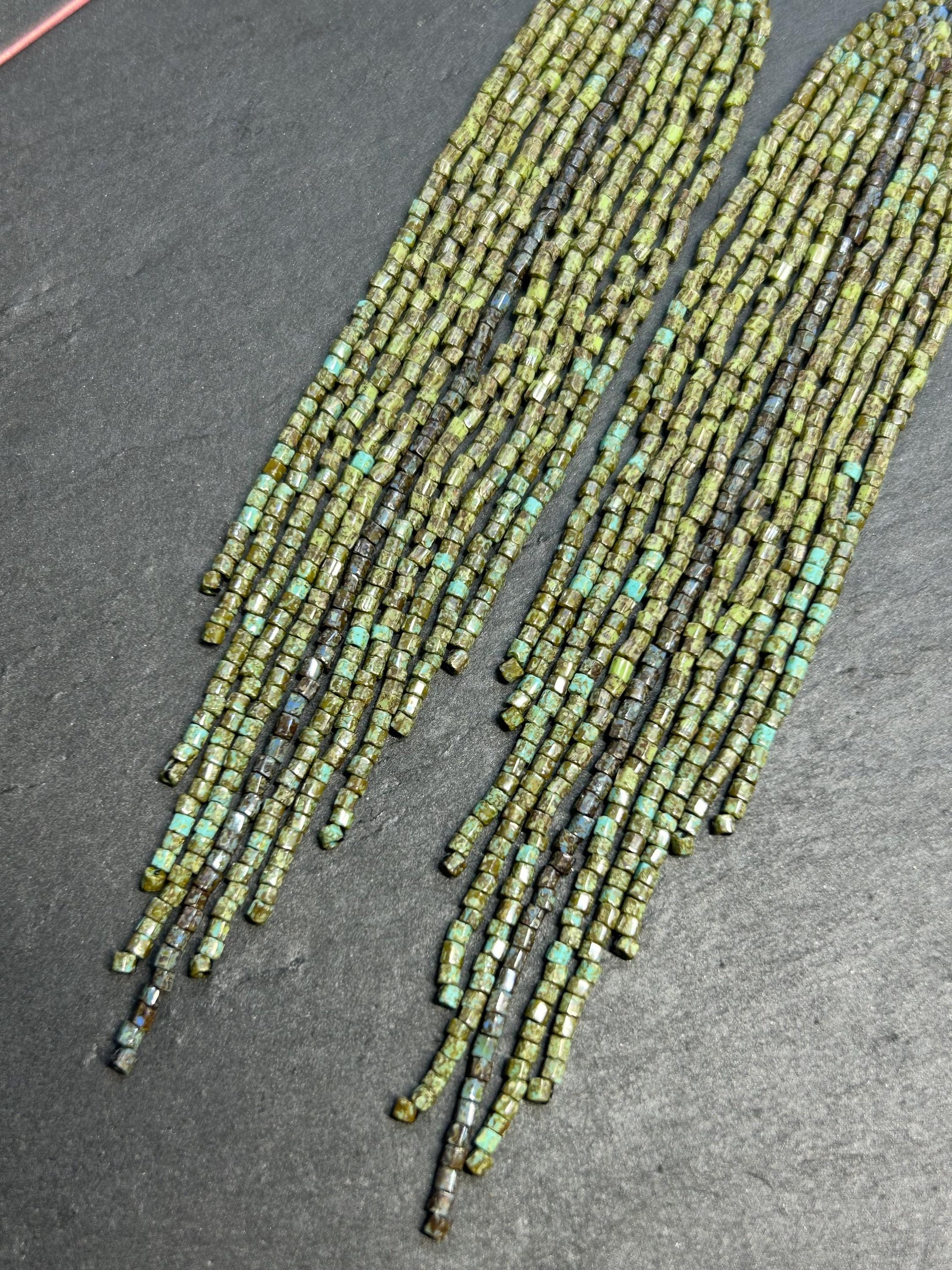 Long handmade green beaded earrings with fringe. Boho statement jewelry in natural shades, unique accessory for minimalist and artistic style image 4