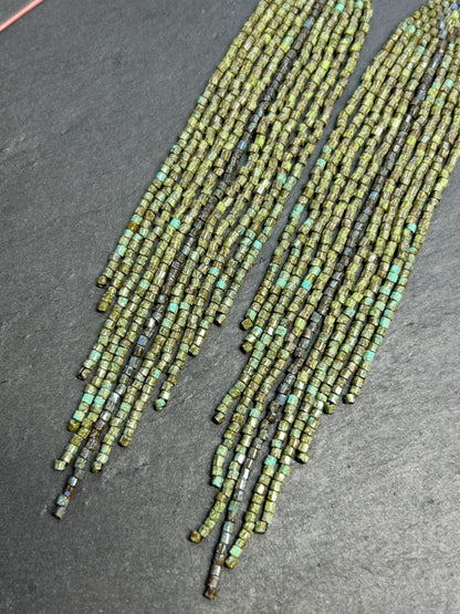 Long handmade green beaded earrings with fringe. Boho statement jewelry in natural shades, unique accessory for minimalist and artistic style image 4