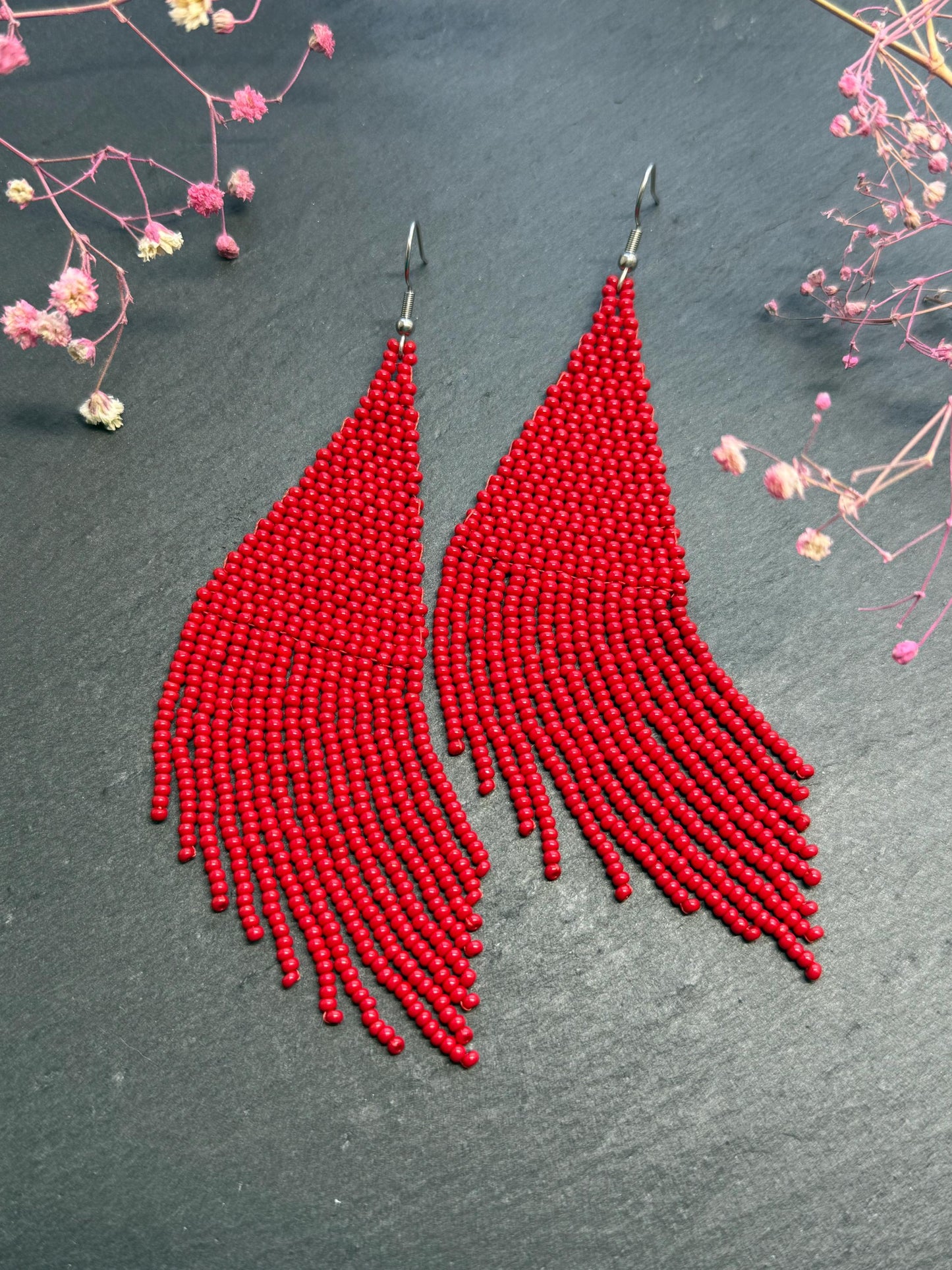 Unique handmade long red beaded dangle earrings with fringe in bright boho style. Modern statement jewelry for women, perfect gift for her imade 6