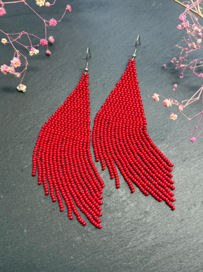 Unique handmade long red beaded dangle earrings with fringe in bright boho style. Modern statement jewelry for women, perfect gift for her imade 6