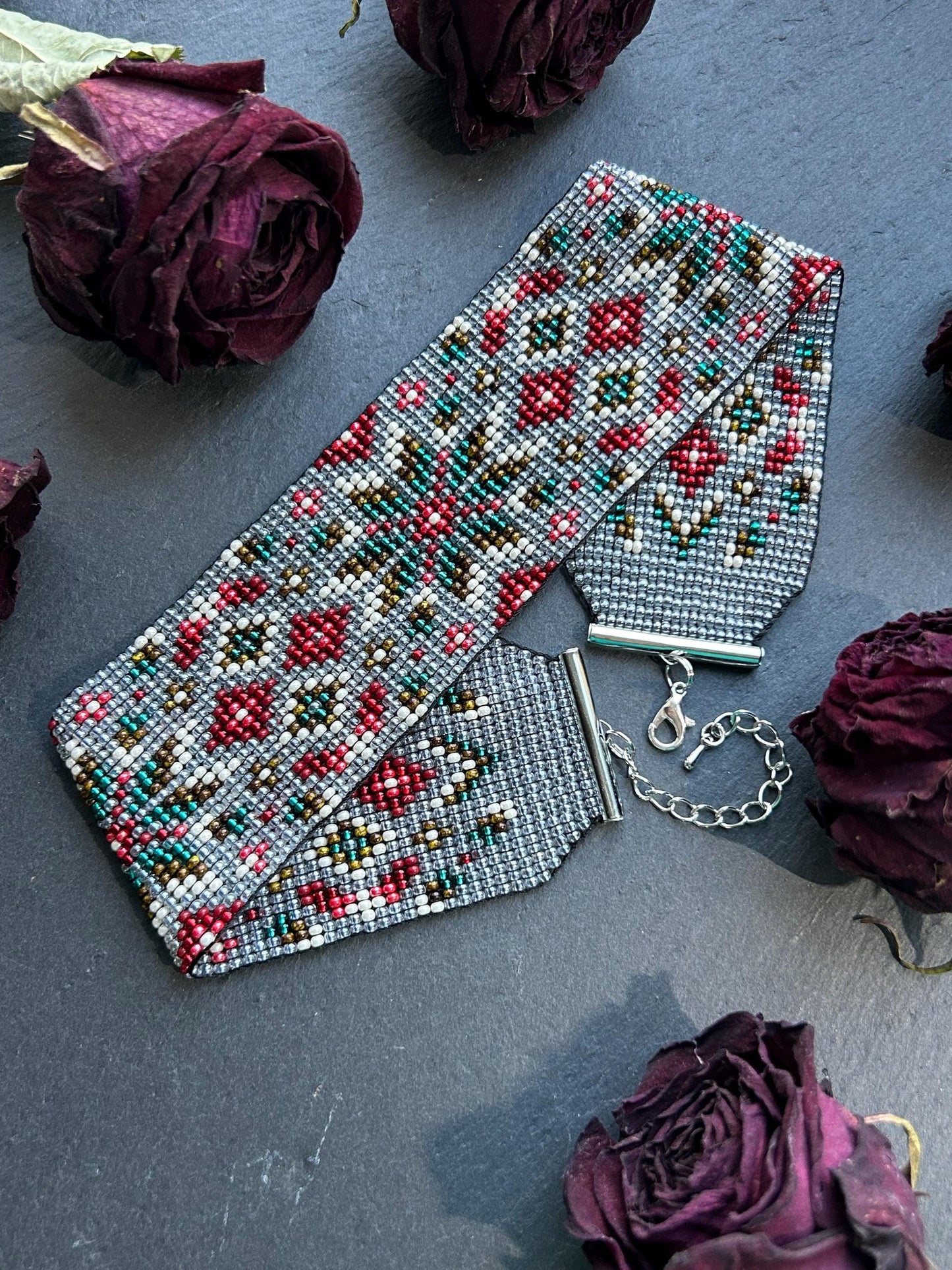 Unique handmade beaded choker necklace with green star and red details. Boho ethnic statement choker, perfect for festival, party, or everyday bohemian style  image 11