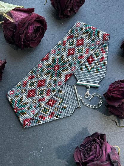 Unique handmade beaded choker necklace with green star and red details. Boho ethnic statement choker, perfect for festival, party, or everyday bohemian style  image 11